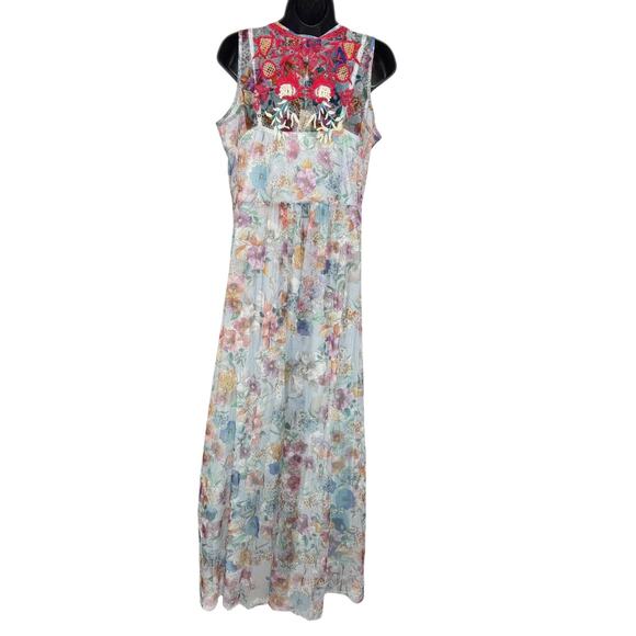 Johnny Was Biya Maxi Dress S Embroidered Mesh Floral Sheer Sleeveless Slip Mazzy - Picture 7 of 12